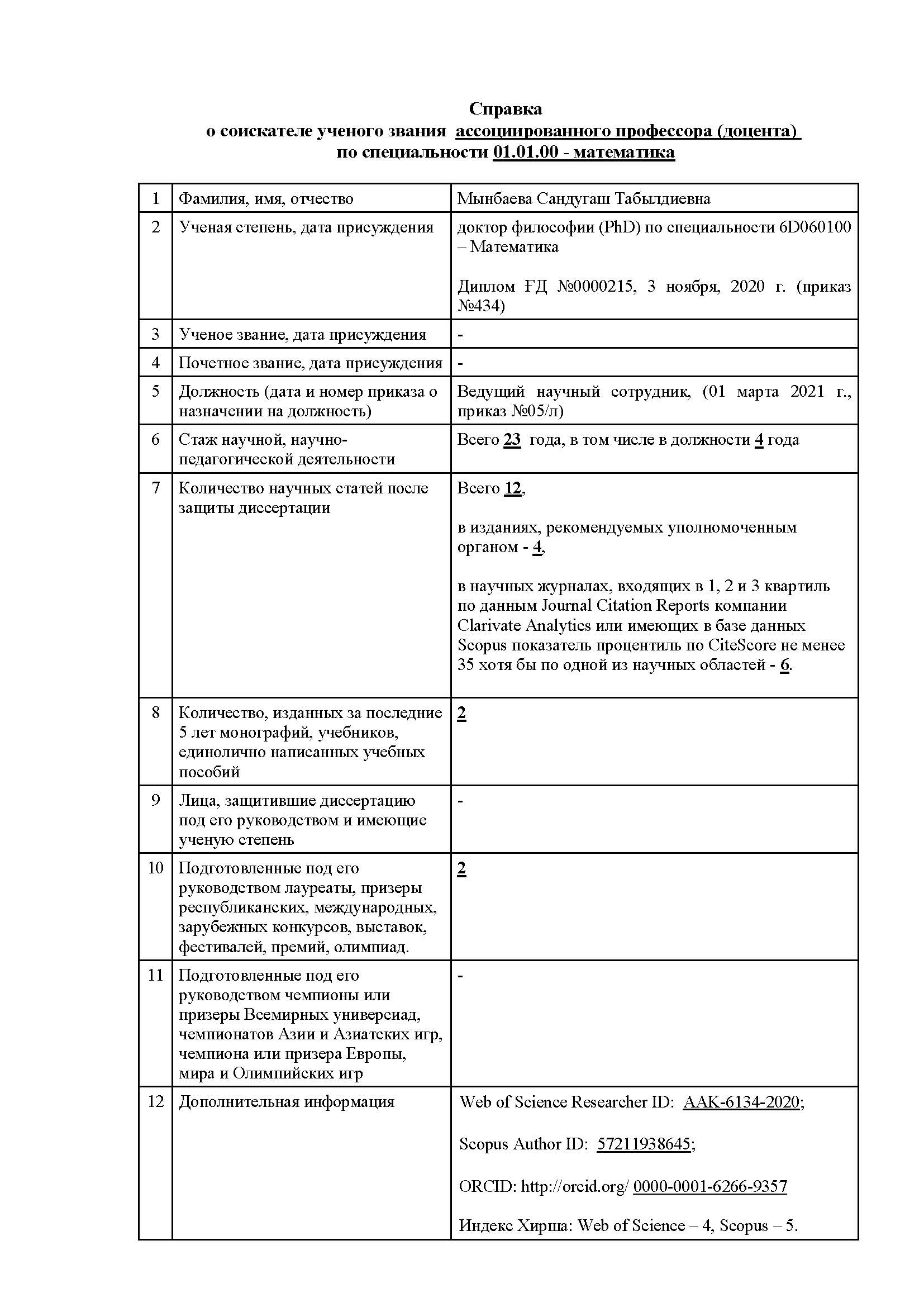 Документы соискателя ученого звания ассоциированного профессора (доцента) Мынбаевой Сандугаш Табылдиевной